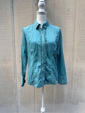 Harold's Teal Corduroy Ruffle-Trim Button-Down Shirt